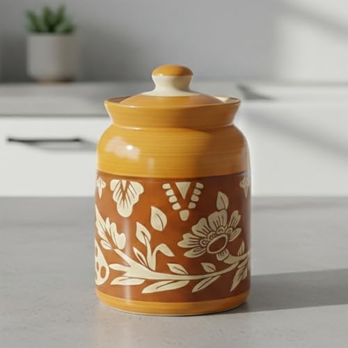 Image of Handcrafted Ceramic Jar with Lid 1000 mL | Traditional HandPainted Kitchen Storage Container | Pickle, Spice, Sugar, Tea, Coffee Canister | Pottery Home & Gift (Set of 1) (Full Yellow &Red Bale)