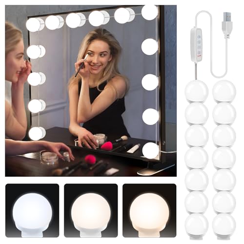 YGS-Tech 14 Bulb Dimmable Mirror Lights, Hollywood Style LED Vanity Mirror Lights, USB Powered Vanity Lights Fixtures for Mirror Dresser Bedroom with 3 Color Modes, 10 Adjustable Brightness