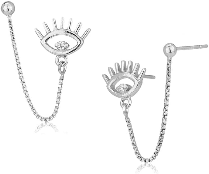 Vanbelle Sterling Silver Jewelry - Rhodium Plated with 925 Stamp - Double Piercing Stud Earring with Chain & Cubic Zirconia Stones - Elegant Handcrafted Earring for Women
