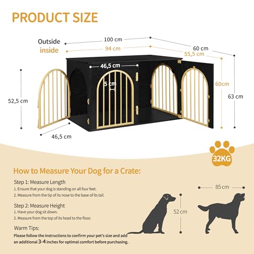 Hzuaneri Hundekäfig Möbel, 100cm Hundebox für Zuhause, 3 Türen, Bogentür, Moderne Hundebox Indoor für Hunde, Beistelltisch, Hundekäfig Hochbelastbar, 100 x 60 x 63 cm, Schwarzes Gold DFC84104A