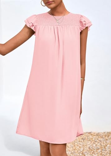 Image of KIRUNDO Wedding Guest Shift Dresses for Women Short Spring Summer Ruffle Cap Sleeve Chiffon Babydoll Flowy Mini Sundress