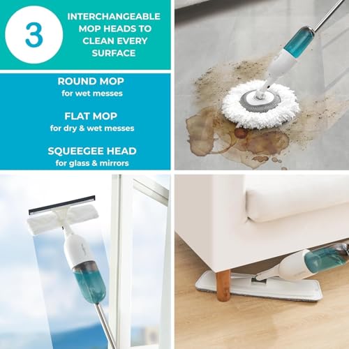 Image of 360 Rotating Spray Mop Kit, 3 Interchangeable Head Includes Rectangle and Round Mop Head for Floor Cleaning and Window Cleaning Head with 4Pcs Washable Microfiber Mop Pad for Wet and Dry Use