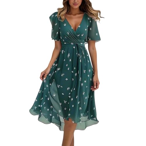 Nuaoxyeu Kleid Damen Sommer Weiß Chiffon Strandkleid Damen 2025 Boho Lange Kleid Mit Gürtel Elegant V-Ausschnitt Sommerkleid Sommer Maxi Dress...