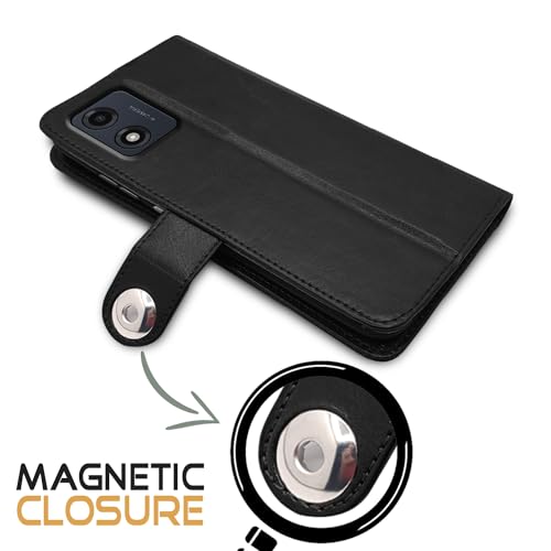 Image of Pikkme Motorola Moto E13 Flip Cover Leather Finish | Inside TPU with Card Pockets | Wallet Stand and Shock Proof | Complete Protection Button Flip Case (Black)