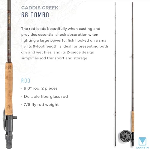 Martin Caddis Creek Fly Fishing Rod and Reel Combo, 7/8-Weight 9-Foot 2-Piece Fiberglass Rod, Moderate Fast Action, Single Action Fly Reel, Aluminum Frame and Spool, Interchangeable Retrieve, Brown - Thumbnail 3