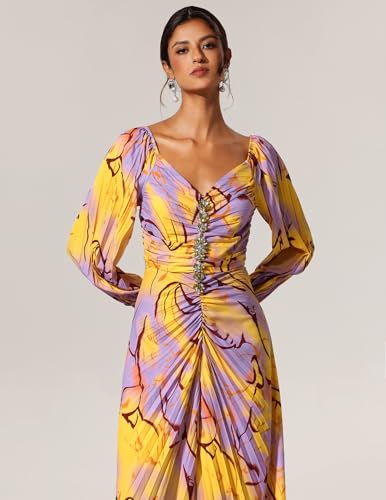 Off Shoulder Diamond Dress Floral Printed High Slit Pleated Maxi Prom Party4