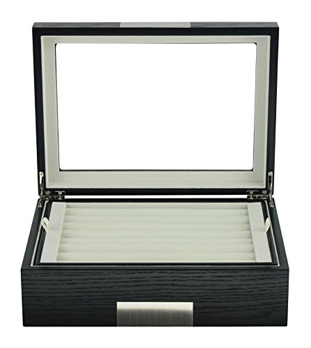 Timelybuys Black Ebony Wood Cufflink Case & Ring Storage Organizer With Stainless Steel Engravable Design Accent Men's Jewelry Box For 72 Cufflinks #TOP3