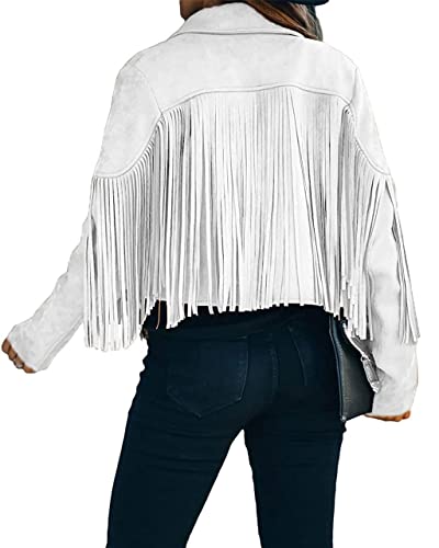 ebossy Women's Suede Fringe Jacket Long Sleeve Slim Faux Leather Boyfriend Cropped Top with Tassles2