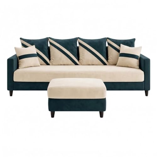Image of SLEEPIFY Canza 4 Seater Sofa Set with Ottoman (Green Teal - Cream) | Premium Soft Velvet | Plush Comfort Cushions | Modern Living Room Sofa | Spacious Comfortable Seating