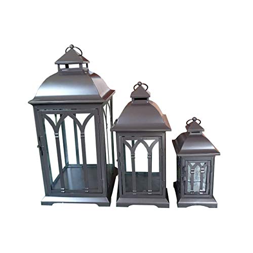 Pebble Lane Living Indoor/Outdoor Lombard Candle Lanterns, Powder Coated Steel Frame & Tempered Glass Panes, Bronze, Assorted Set of 3