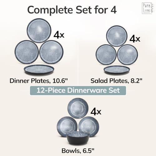 Image of 12 Piece Stoneware Dinnerware Set for 4, Handmade Plates and Bowls Set