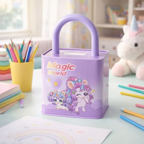 Image of Sajani Cute Cartoon Creative Portable Piggy Bank, Money Saving Box with Combination Lock, Mini Coin Bank Gifts for Boys and Girls, Best Return Gifts for Kids (Pack of 1) (Lock - Purple)