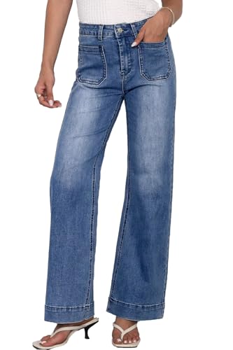 ELLEVEN Wide Leg Jeans for Women Trendy, Stretchy High Waisted Baggy Jeans Straight Leg Denim Pants with Patch Pockets