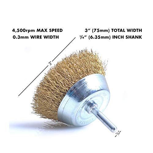 Image of 3 inch(75mm) Wire Cup Brush with 1 /4 inch Shank Brass Steel Crimp Wheel Heavy Duty Wires Brushes for Metal, Removal of Rust Corrosion Paint 3PCS