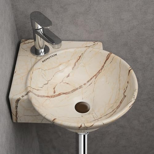 Image of REMOTION Wall Mounted Wash Basin for Bathroom | Wall Hung Corner Sink | Ceramic Round Wall Hung Wash Basin | Wall Hung Small Corner Basin (16.3 x 13.8 x 4.3 Inch) (Designer Beige Maroon)