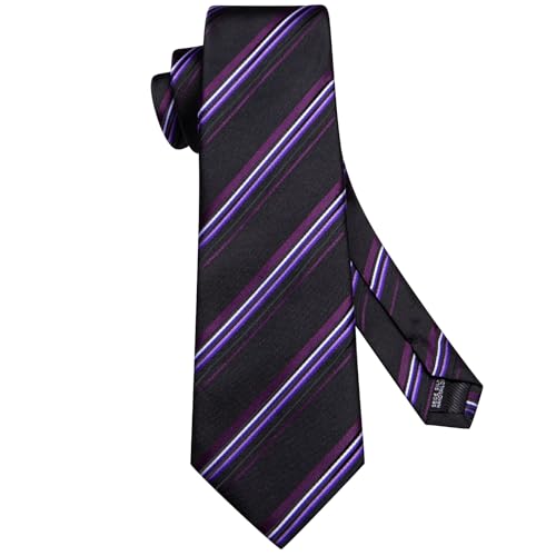 Image of Hi-Tie Mens Black Purple Striped Necktie Classic Formal Woven Necktie Lapel Pin Pocket Square Cufflinks Sets Formal Business Wedding