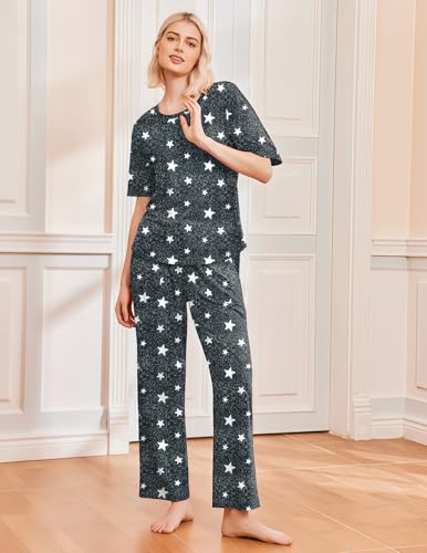 Image of Ekouaer 2 Pack Womens Pajamas Sets Short Sleeve Long Pants Pjs Lounge Set