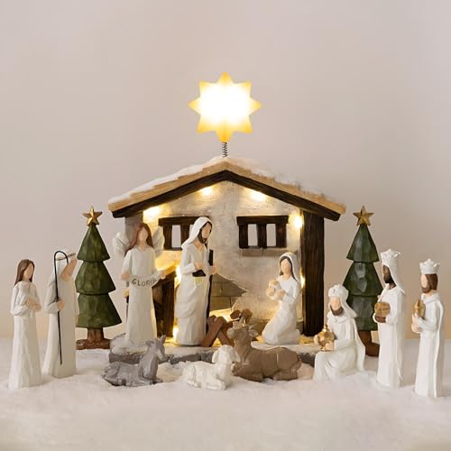 Gleemoria Nativity Set Indoor – 15 Pieces Christmas Nativity Scene Set with Manger, LED Star, Angel with Gloria Banner, Wooden Nativity Sets & Figures for Kids and Family Holiday Christmas Décor
