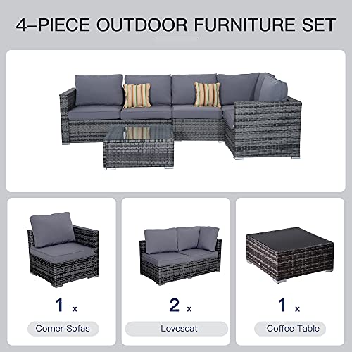 Outsunny 4 Pieces Rattan Garden Furniture Set, Wicker Outdoor Furniture Set with Corner Sofa Loveseat Coffee Table Cushions, Conservatory Furniture Set for Patio Balcony, Grey 4 Outsunny 4 Pieces Rattan Garden Furniture Set, Wicker Outdoor Furniture Set with Corner Sofa Loveseat Coffee Table Cushions, Conservatory Furniture Set for Patio Balcony, Grey - Image 4