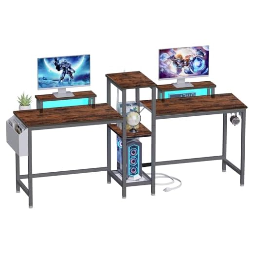 Furologee L Shaped Computer Desk with LED Lights & Power Outlet, Gaming Desk with 2 Reversible Storage Shelves, Corner Desk with 50" Monitor Stand, Writing Study Table with Cloth Bag for Home Office