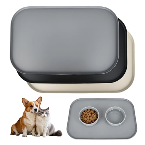 Rzspher 3-Teiliges Set Wasserfeste Silikon Futtermatte, 27CM* 47CM wasserdichte und rutschfeste Silikon Fressnapf Unterlage, Leicht zu Reinigende Fressnapf-Unterlage für Hund und Katze