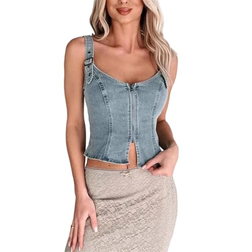 Women's Sleeveless Denim Crop Tank Top Spaghetti Strap Slim Fit
