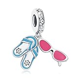 KEQ 925 Sterling Silver Flip Flops&Sunglass Dangle Charm Jewelry Gift for Pandora Bracelet&Necklace