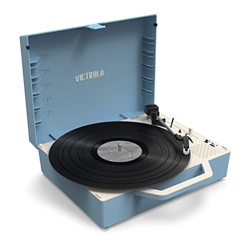Victrola Re-Spin – Sustainable Suitcase Vinyl Record Player, 3-Speed (33 1/3, 45 & 78 RPM), Belt-Driven Bluetooth Turn Table with Built-in Bass Radiator, 3.5mm Headphone Jack (Light Blue)