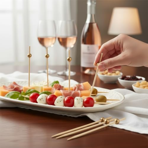 Eco-friendly Gold Wooden Ball Food Picks (Pack of 100) - Sustainable Skewers And Bamboo Picks for Charcuterie, Appetizers, & Cocktail Picks For Parties, Casual Dining & More, 4.7" by BLUESKY - Image 4