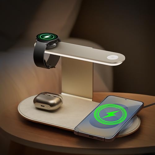 Aluminum 4-in-1 Charging Station for Samsung/Android with 3-Level Night Light, 18W Wireless Charger for Galaxy S25 Ultra/S24/S23/S22/Note 20,Galaxy Watch Ultra/8/7,Galaxy Buds 3 Pro(Starlight)