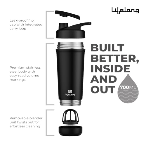 Image of Lifelong Premium Shaker Bottle | Steel Protein Shaker Bottle | Leakproof Shaker for Gym | Sipper Water Bottle for Adults with Detachable Blender | BPA-Free| Measurement Marked | Dishwasher Safe|700ml