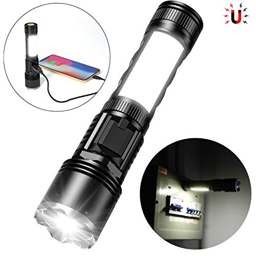Rechargeable Flashlight, Magnetic Flashlight Built-In Power Bank, Super Bright COB Work Light T6 LED Torch, Zoomable, Water Resistant, 6 Modes for Camping Hiking Emergency