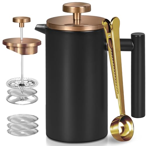 Image of Black Large French Press Coffee Maker 50oz, Double Wall Insulated French Press Stainless Steel,for Coffee&Tea,with 3 Extra Screens and a Coffee Spoon, 50oz /1500ml, Gold