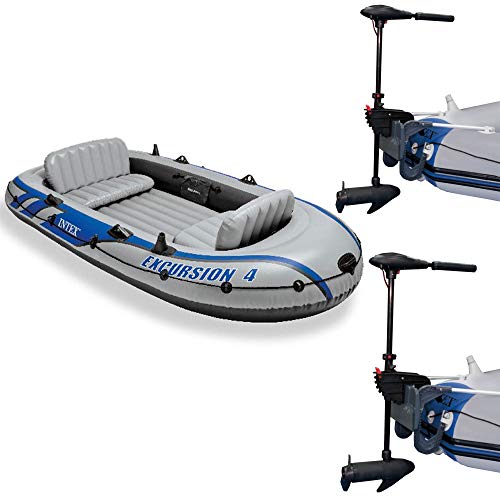 Intex Excursion 4 Inflatable Raft Set w/ 2 Transom Mount 8 Speed Trolling Motors -  68324EP+2x68631E