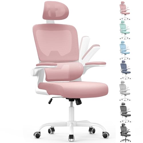 naspaluro Silla de Oficina Ergonómica con Soporte Lumbar, Silla de Escritorio de Respaldo con Reposacabezas y Altura Ajustables, Reposabrazos Abatible, Silla de Ordenador para Oficina en Casa, Rosa