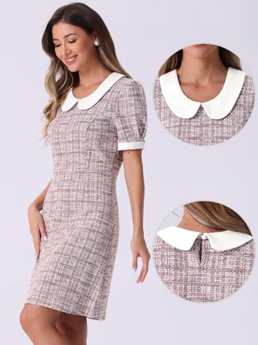 Image of Allegra K Peter Pan Collar Dresses for Women's Plaid Puff Short Sleeve Mini Tweed Dress