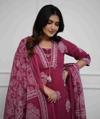 Image of PARTHVI|Women's Pure Cotton Printed with Handwork Kurta with Pants and Dupatta Set | Ethnic Set | Suit Set | Kurta Set | Wedding Suit Set