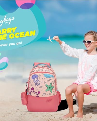 Image of Skybags Ruby Soft Feel Fabric 3 Compartments 2 Bottle Pockets Detachable Happy Pouch 22 Liters School Backpack For Girls