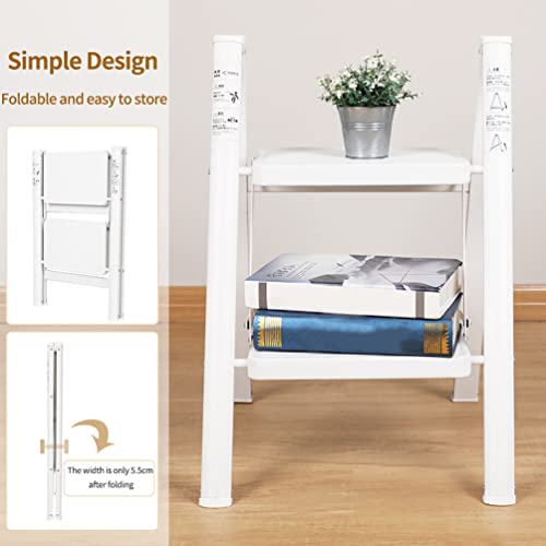 BAOYOUNI Trittleiter 2 Stufen Klappbar Haushaltsleiter Leiter Rutschfeste Stufenleiter 20 cm Breite Stufen Klapptritt Belastbar bis 330lbs, für Küche, Hause, Büro, Garage, DIY-Malerei, Weiß