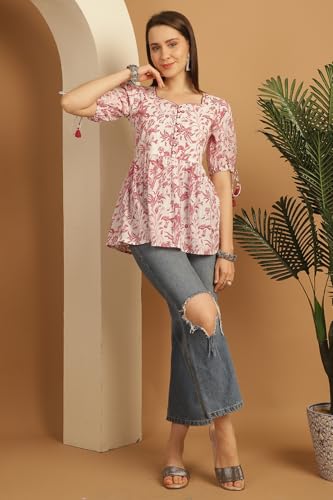 Image of Rajnandini Women's Pure Cotton Jaipuri Printed Short Top (JOPLJPR761-P White & Dusty Pink P)