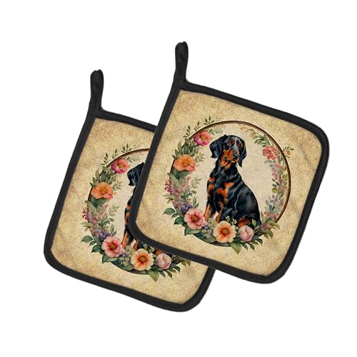 Caroline's Treasures Gordon Setter and Flowers Pair of Pot Holders Kitchen Heat Resistant Pot Holders Sets Oven Hot Pads for Cooking Baking BBQ, 7 1/2 x 7 1/2