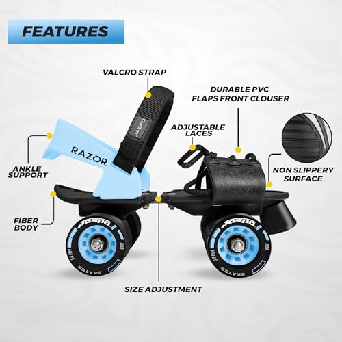 Image of JASPO Razor Adjustable Roller Skates | Unique Ankle Support | 61mm PU Wheels | Anti-Skid Surface | Lightweight | Quad Skates for Kids & Adults (Size 25-31 cm, Age 8+)