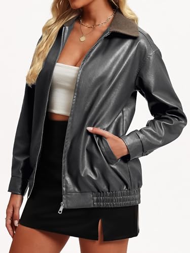 Women's Faux Leather Motorcycle Jacket Zip Up Casual Bomber Coat Fall Trendy Clothes3