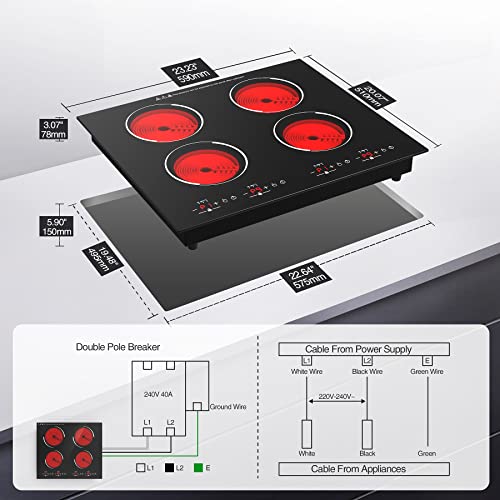 Vbgk 30 Inch Electric Cooktop 4 Burners Ceramic Cooktop, Drop-In Electric Radiant Cooktop With Front And Back Metal Frame, Child Lock, Timer,Touch Control, 220-240V 6000W,Hard Wire, No Plug #TOP5