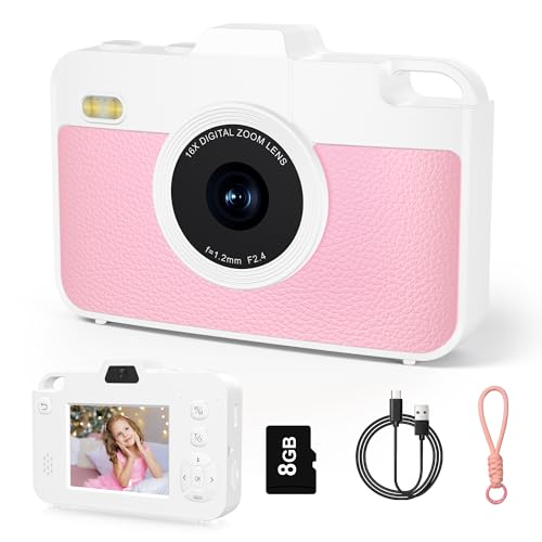 Digital Camera for Kids - 48MP 1080P Point and Shoot Digital Cameras with 16X Zoom & Dual Lens - Compact Small Camera for Boys Girls, Best Chritmas Birthday Gift Toys for Kids, 8GB TF Card, Pink