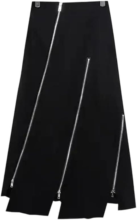 Women Black Asymmetric Maxi Skirt with Zipper Detail High Waist Loose Fit Casual Daily
