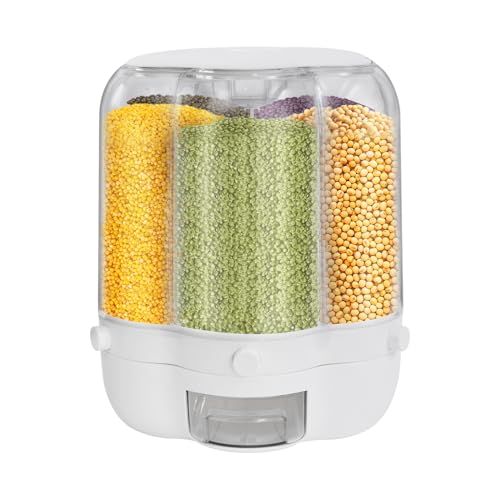 Unnsiapit Rice Dispenser, 6 Grid 360° Rotating Rice Container Cereal Dispenser with Lid, Grain Storage Organizer Holder for Kitchen Countertop Dry Food, White, 12.5kg/28lbs