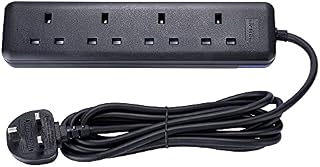 LIPWEL Extension Lead 3m Power Strip Extension Cord Black Power Socket 4 Way Extension Cable 13A Plug