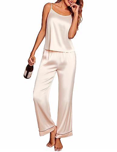 Image of Ekouaer Silk Pajamas for Women Set Tank Top Pj Sets 2 Piece Lounge Set | Satin Womens Pajama Sets Sexy Sleeveless Loungewear Long Pants Sleepwear Soft Cami Pjs Sets with Pocket S-XXL