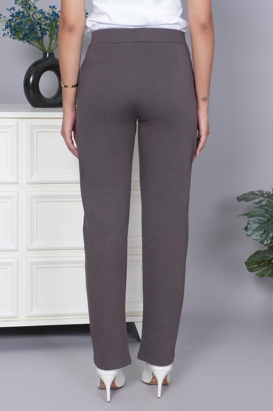Image of Mlada Straight Fit Cigarette Pencil Pants Elastic Waist Band Mid High Waist Formal Office Trousers for Women, Pockets for Travel Stretch Cotton Knit Full Length Regular /Plus Size